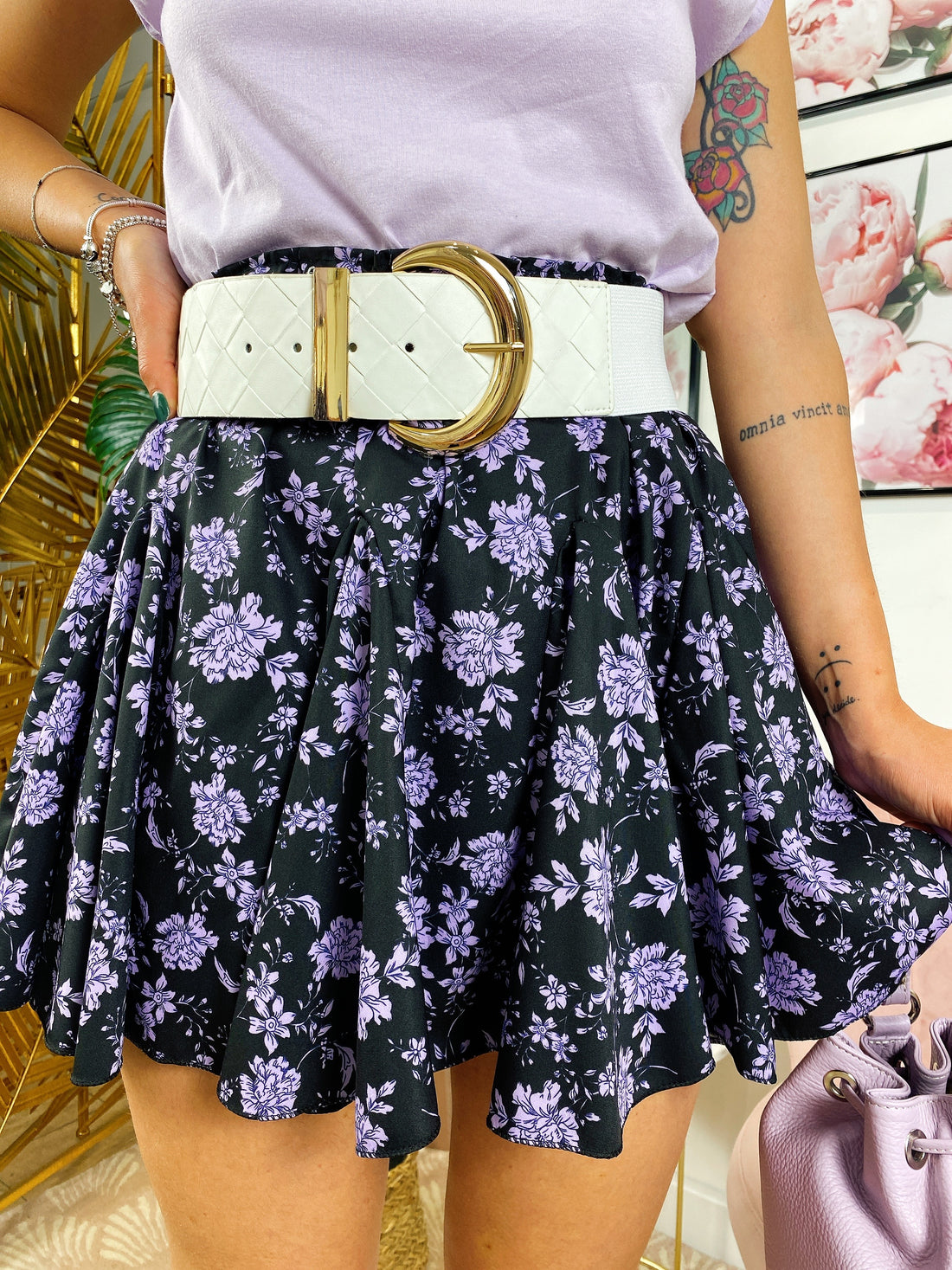 Gonna a fiorellini lilla base nera - R.a. Boutique 