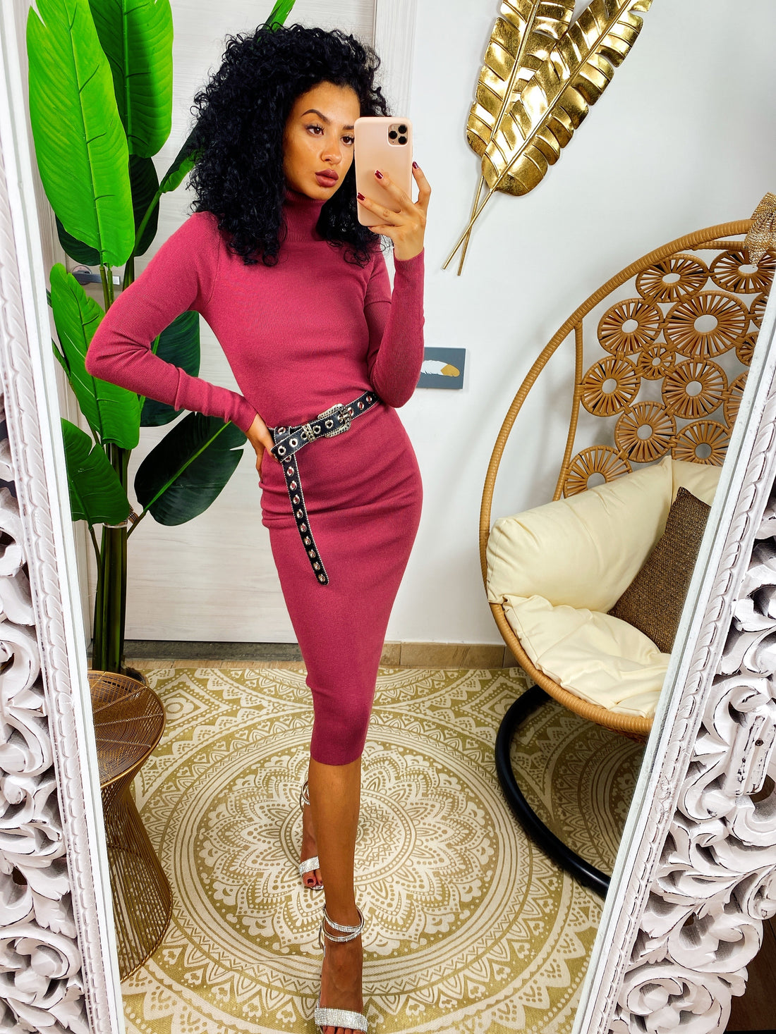 Abito midi a collo alto rosa peonia - R.a. Boutique 