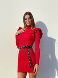 Abito a costine Rosso con Rouches sulle maniche - R.a. Boutique 