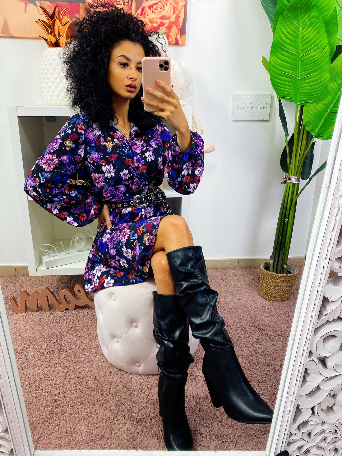 Abito manica lunga con fiori lilla - R.a. Boutique 