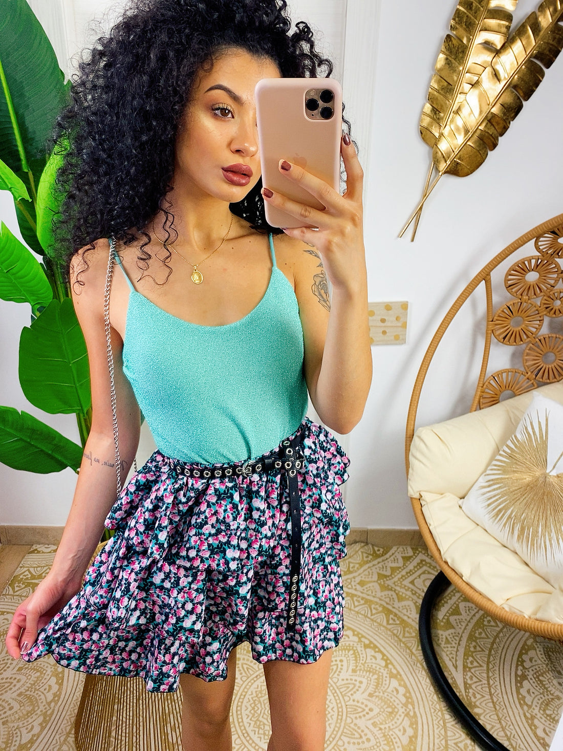 Gonna a balze con fiori verdeacqua e Fuxia - R.a. Boutique 