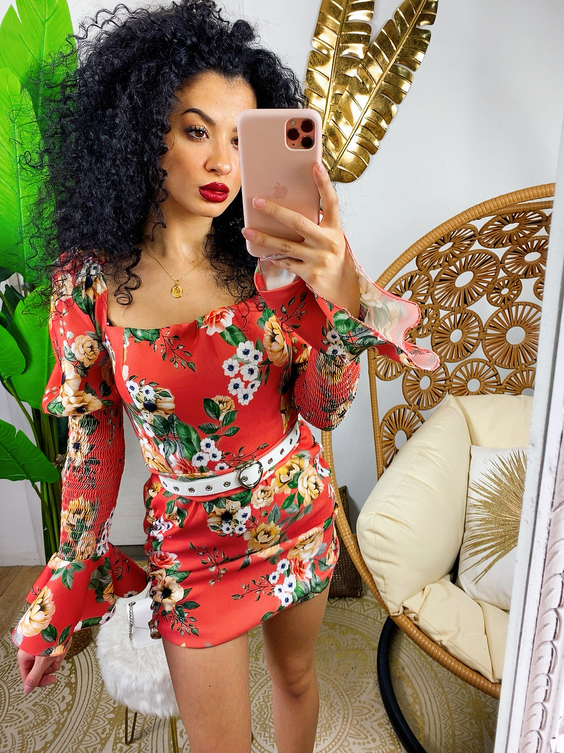 Tubino con fiori aranciati manica bombata - R.a. Boutique 