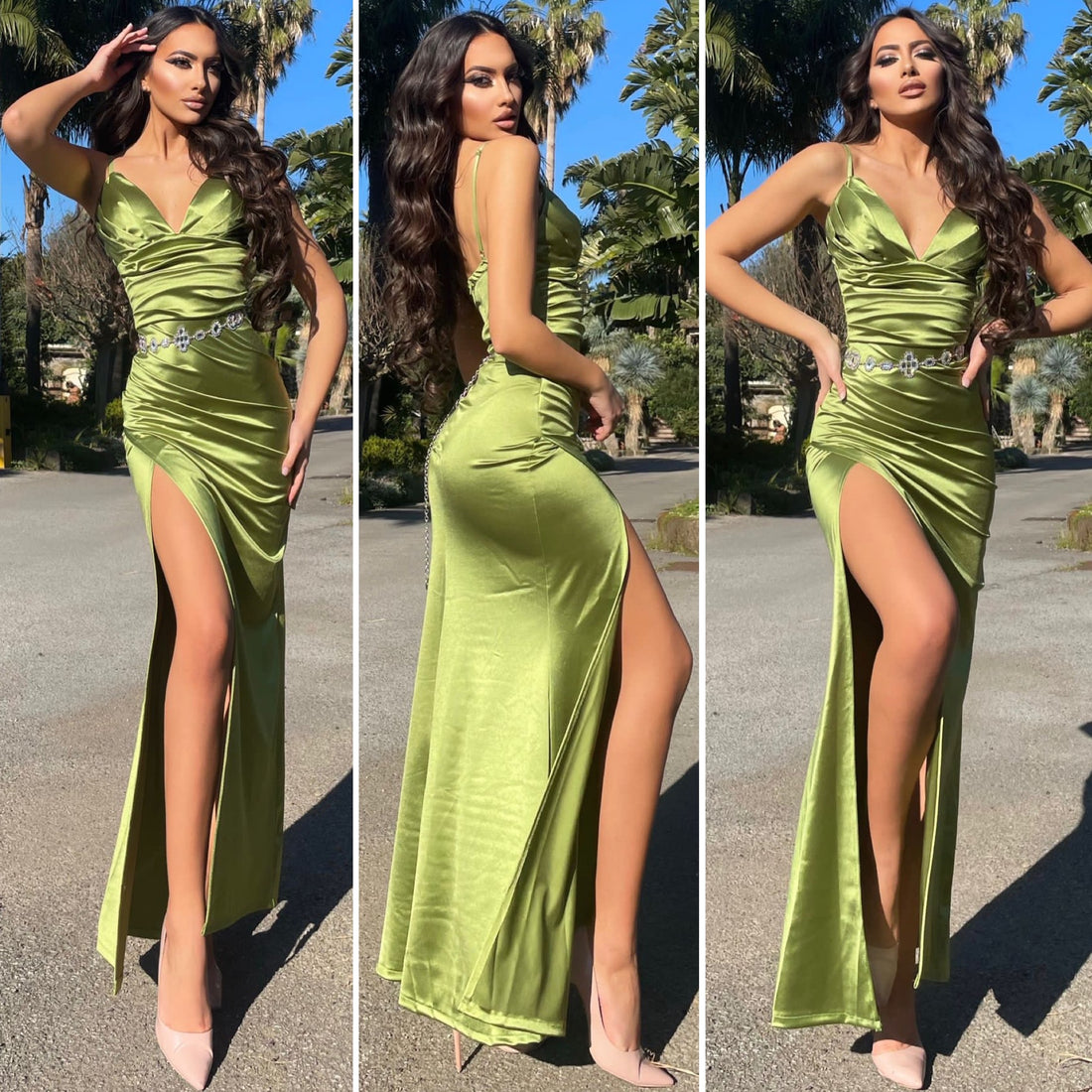 Abito in raso verde lime con drappeggio - R.a. Boutique 