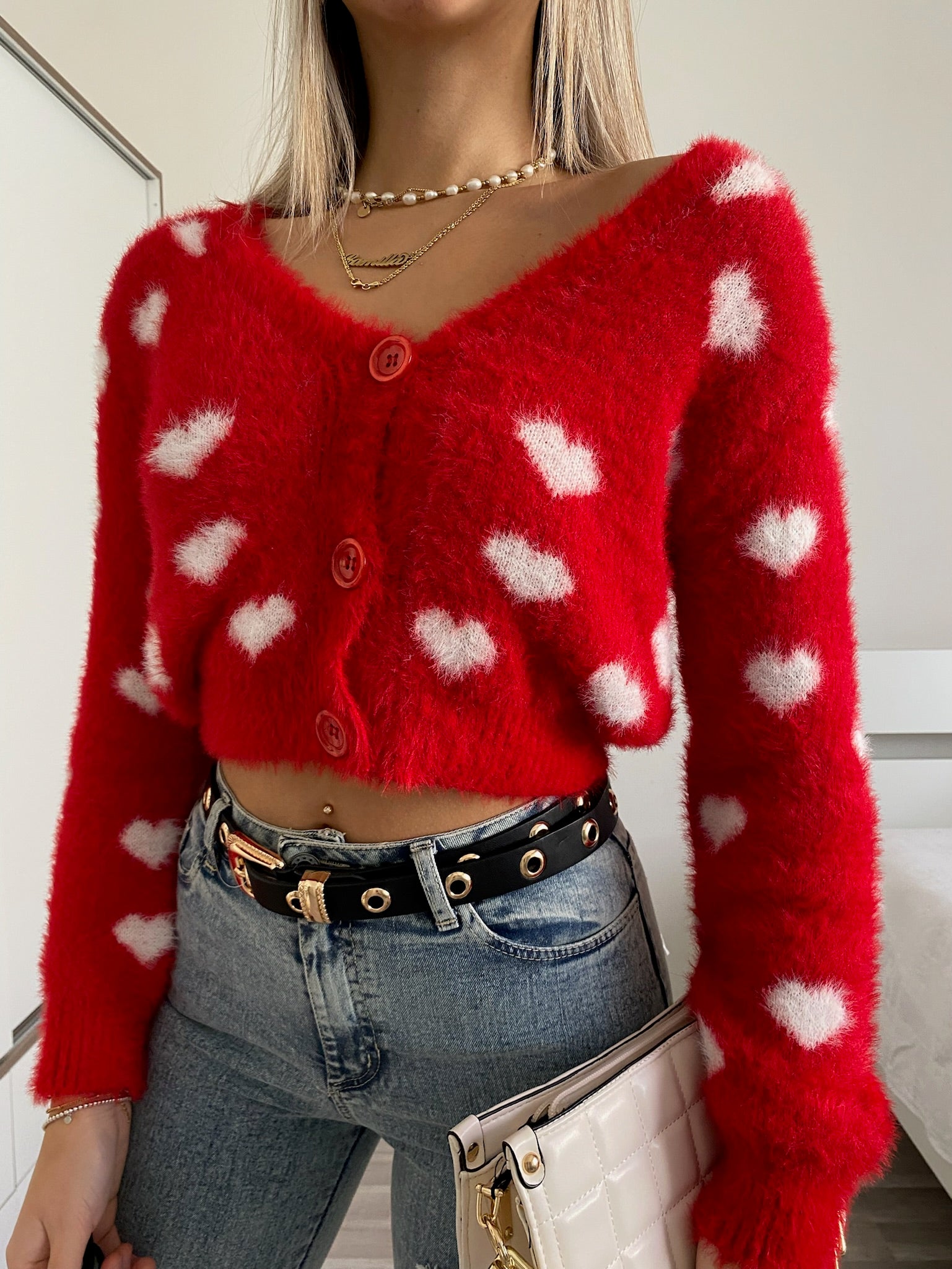 Cardigan rosso con cuori - R.a. Boutique 