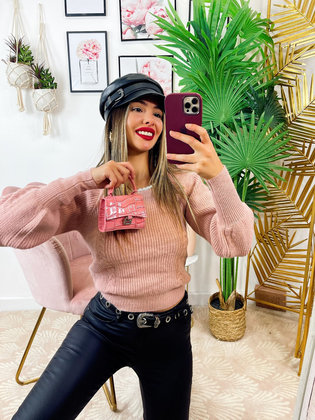 Maglione con scollo a u con perle rosa - R.a. Boutique 