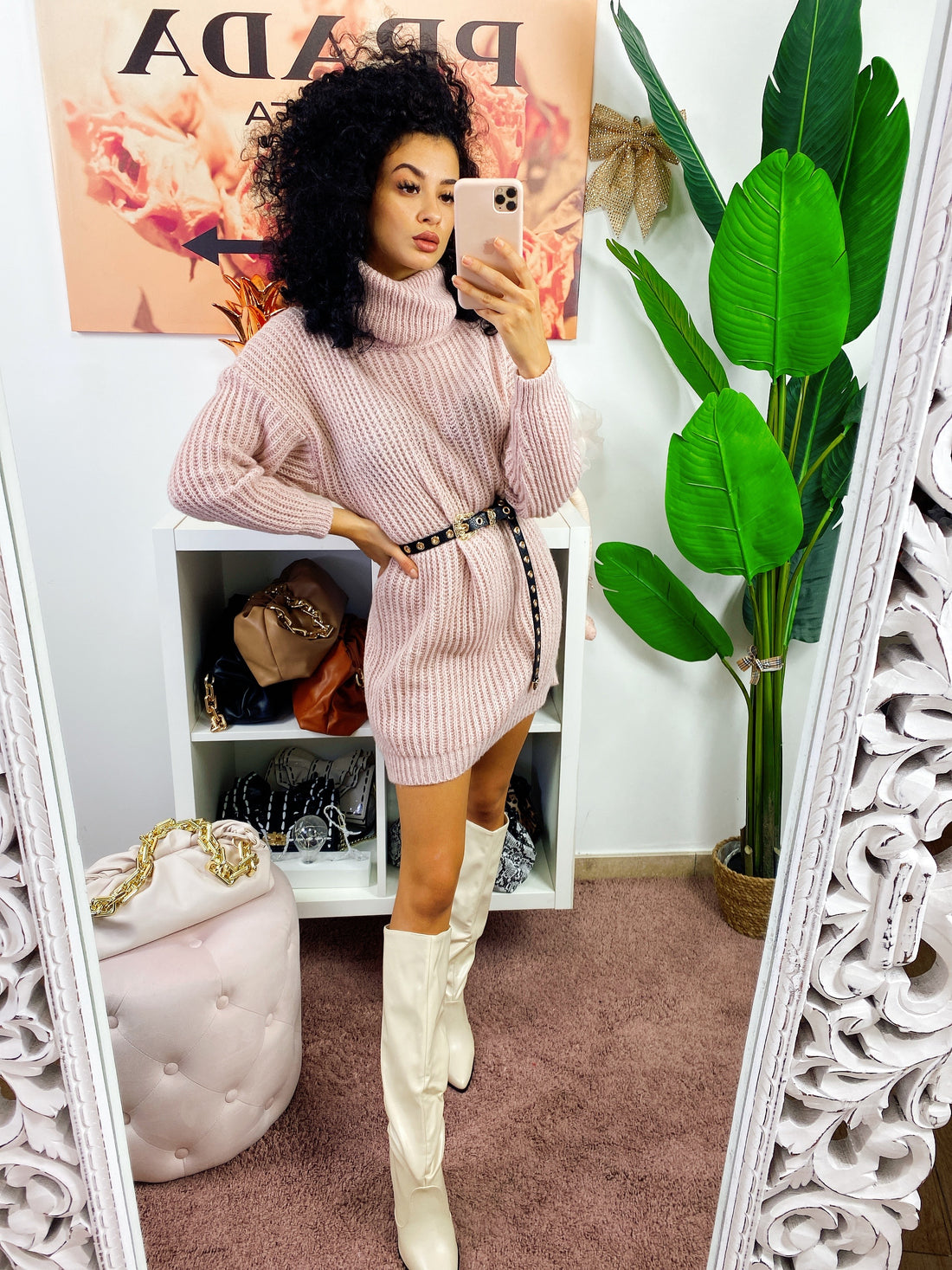 Abito in maglia collo alto rosa cipria - R.a. Boutique 