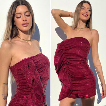 Abito Bordeaux con paillettes e maxi Rouches - R.a. Boutique 