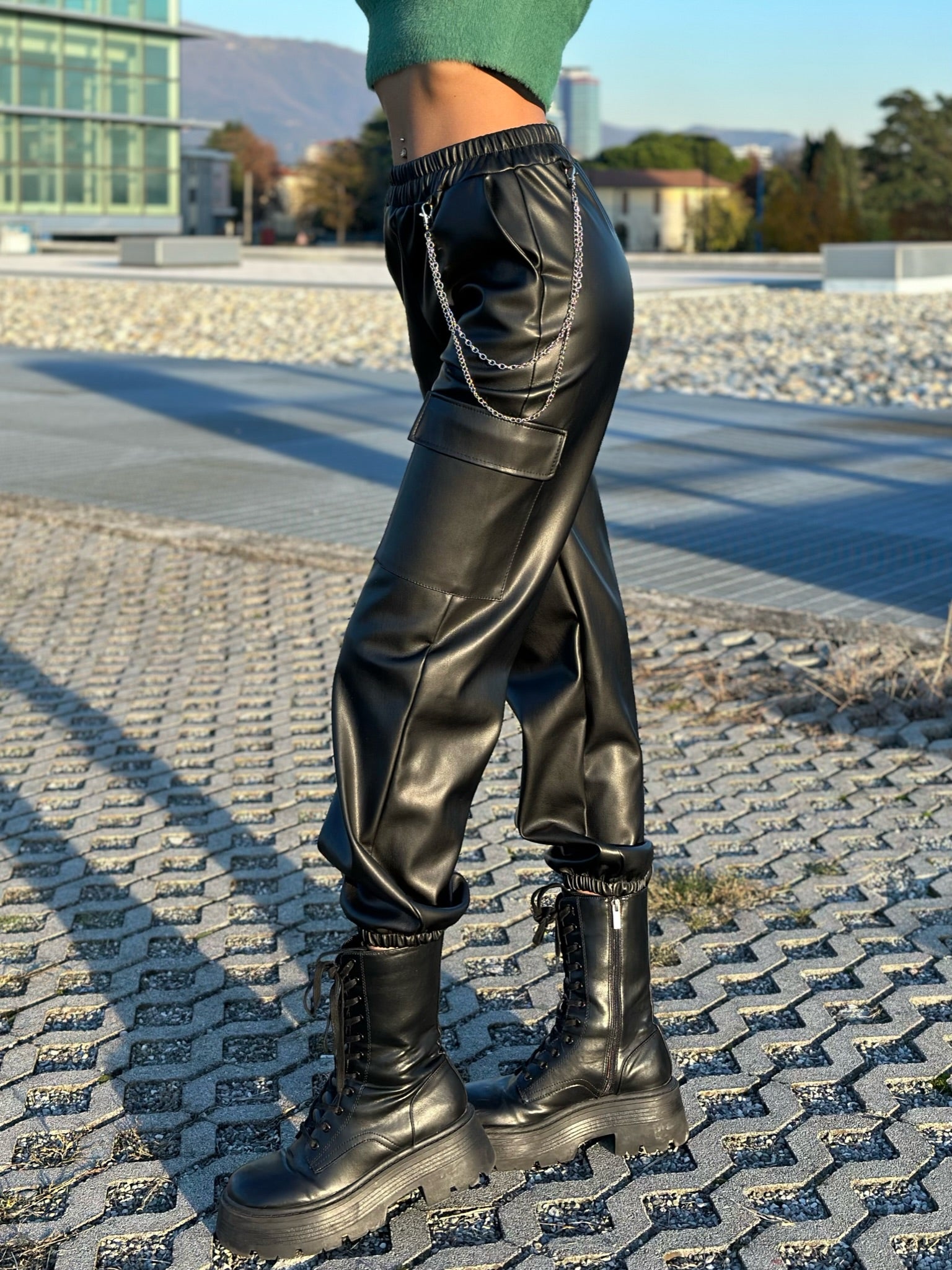 Faux leather trousers with black chain