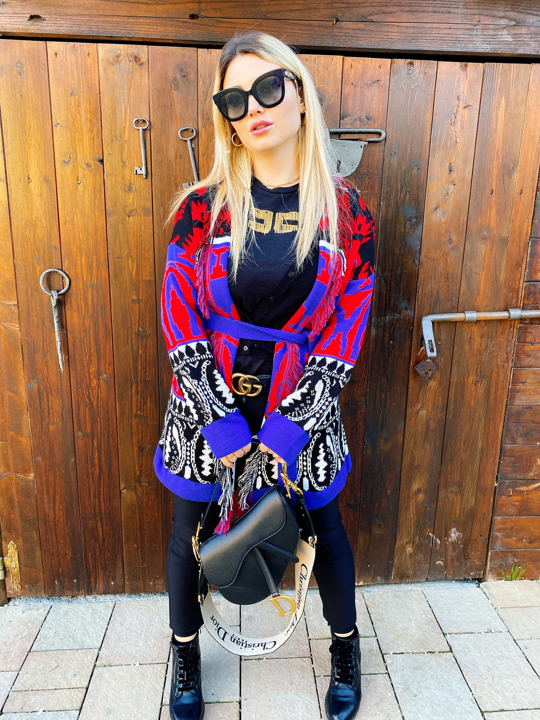 Cardigan rosso blu con frange e cinta - R.a. Boutique 