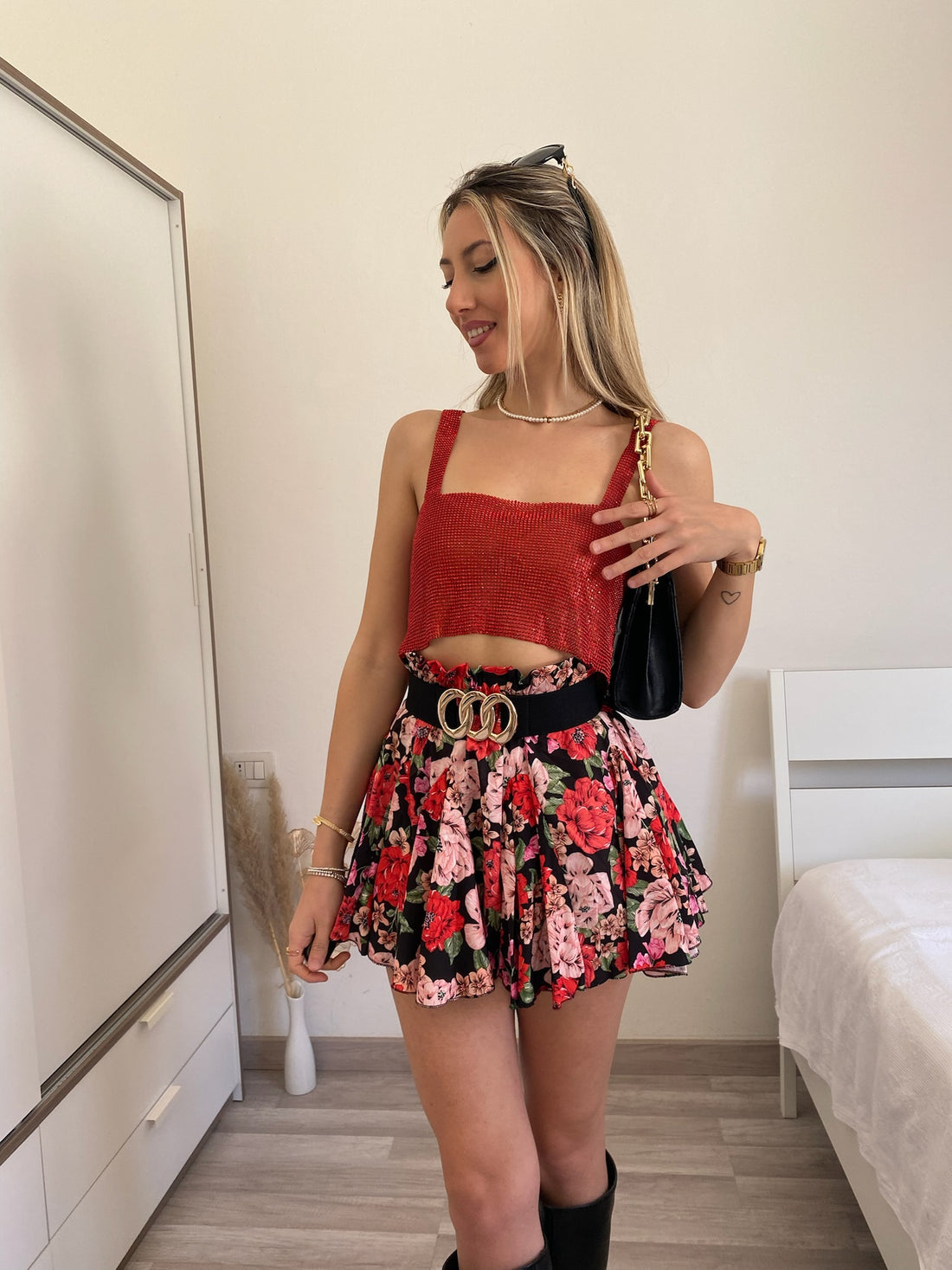 Gonna a ruota a fiori rossi e rosa - R.a. Boutique 