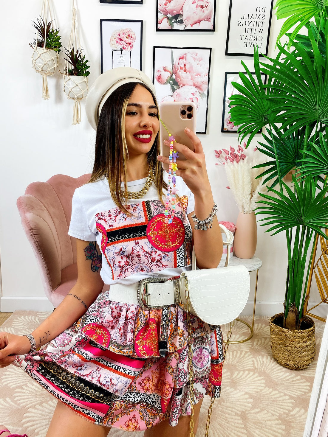 Completo etnico gonna e t-shirt base Rosa - R.a. Boutique 