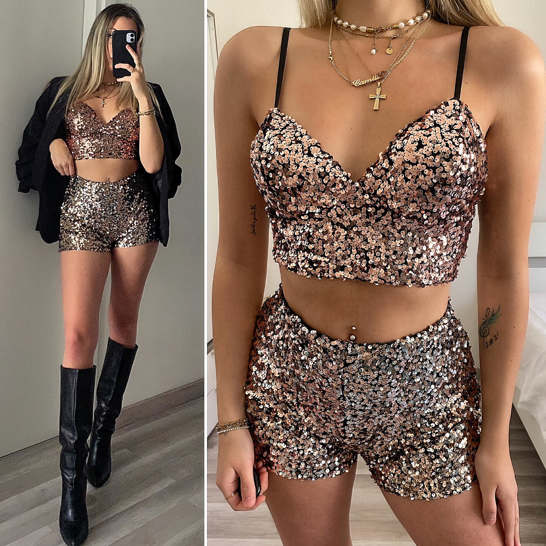 Completo top e short paillettes bronzo - R.a. Boutique 