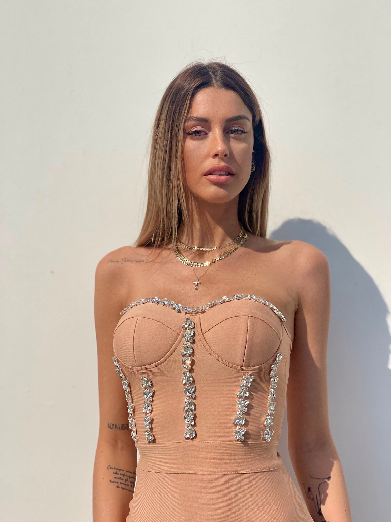 Abito bustier nude con strass - R.a. Boutique 
