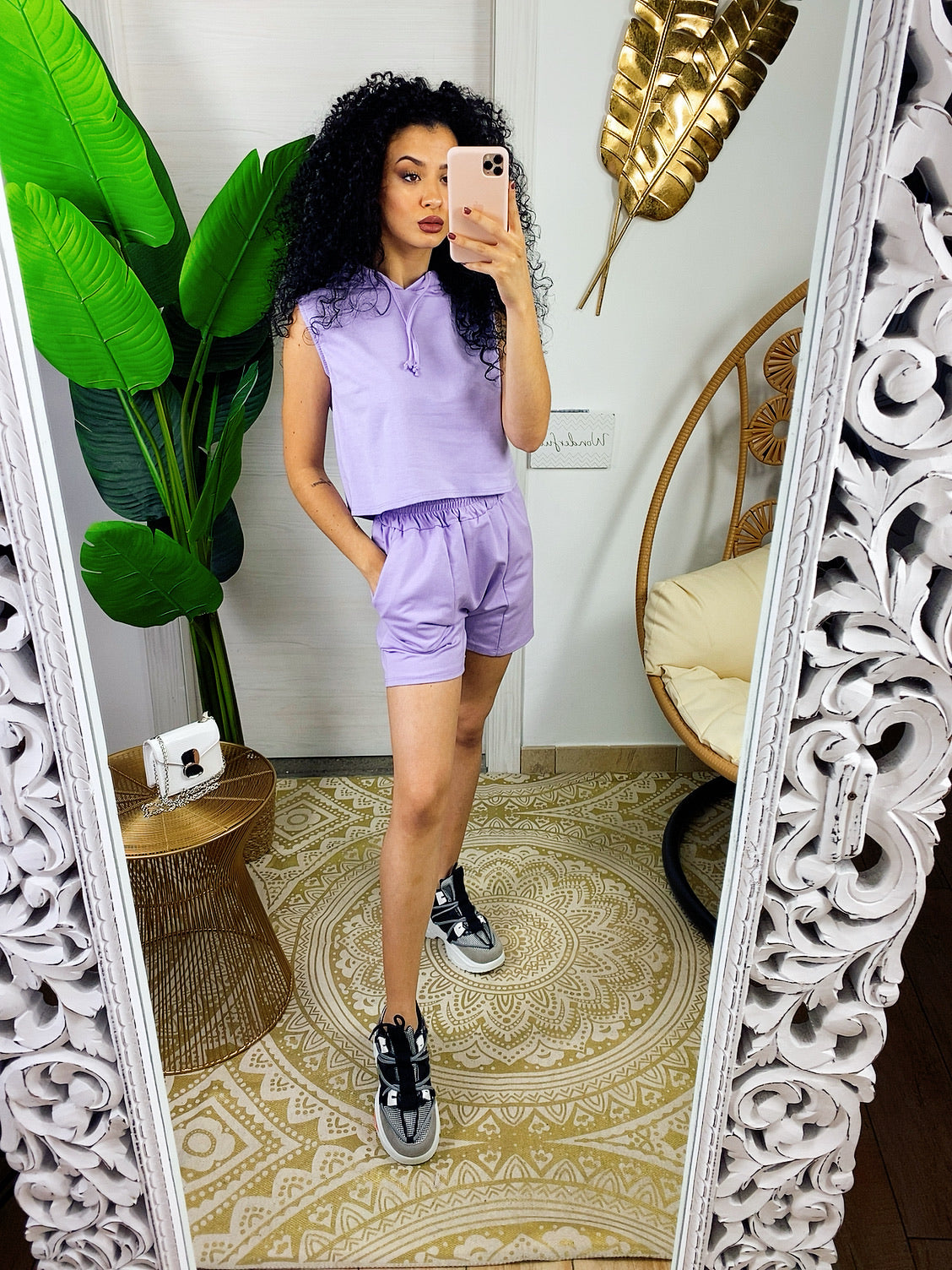 Sporty black and lilac shirt and shorts set
