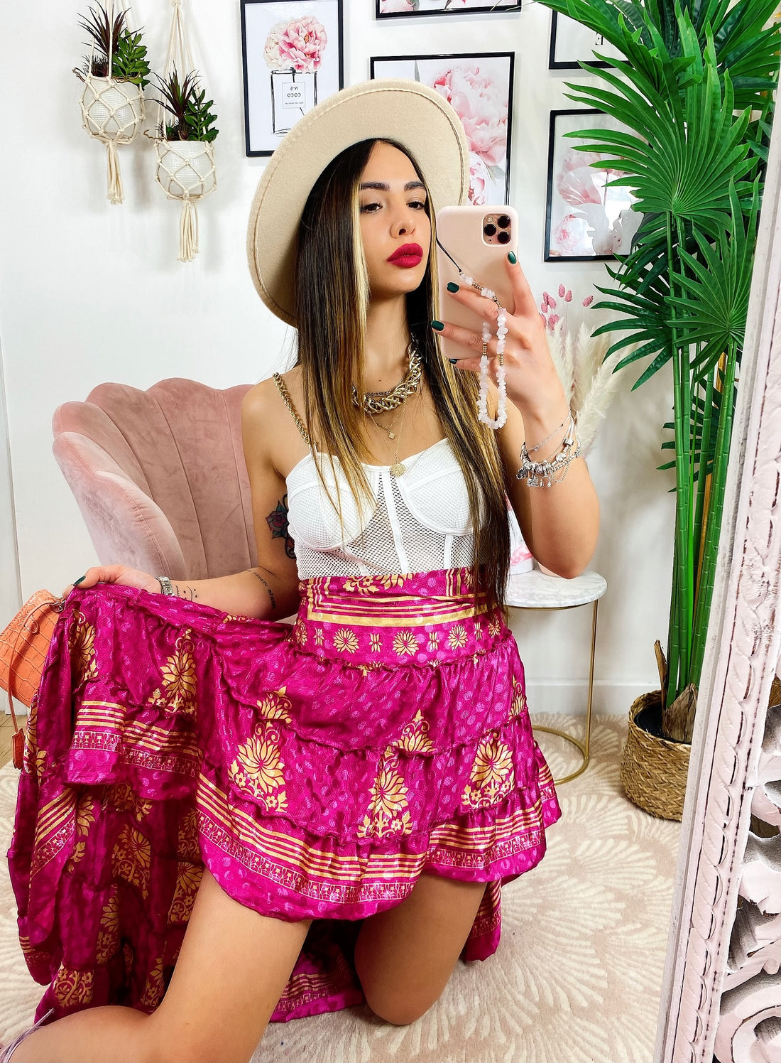 Gonna asimmetrica Fuxia fiori oro - R.a. Boutique 