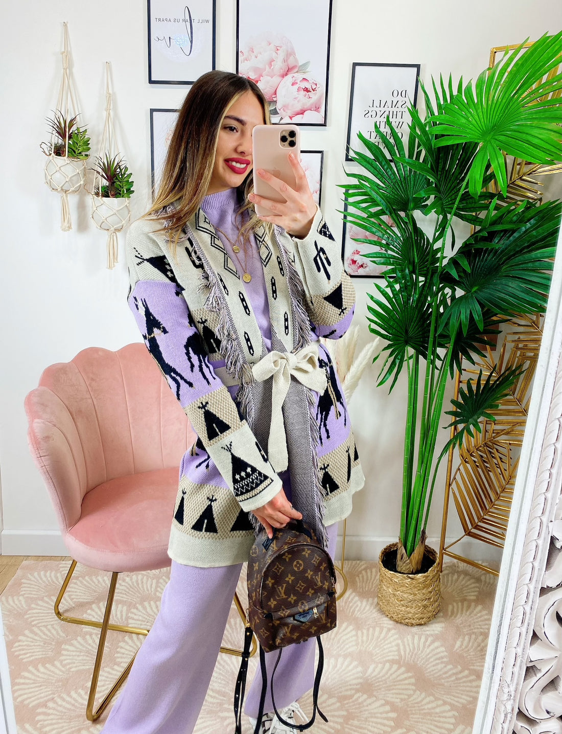 Cardigan con frange stampa cavallo lilla - R.a. Boutique 