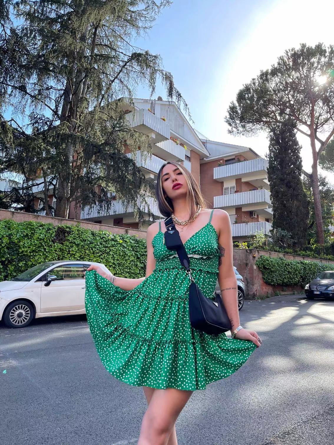 Abito a balze con gonna ampia a pois Verde - R.a. Boutique 