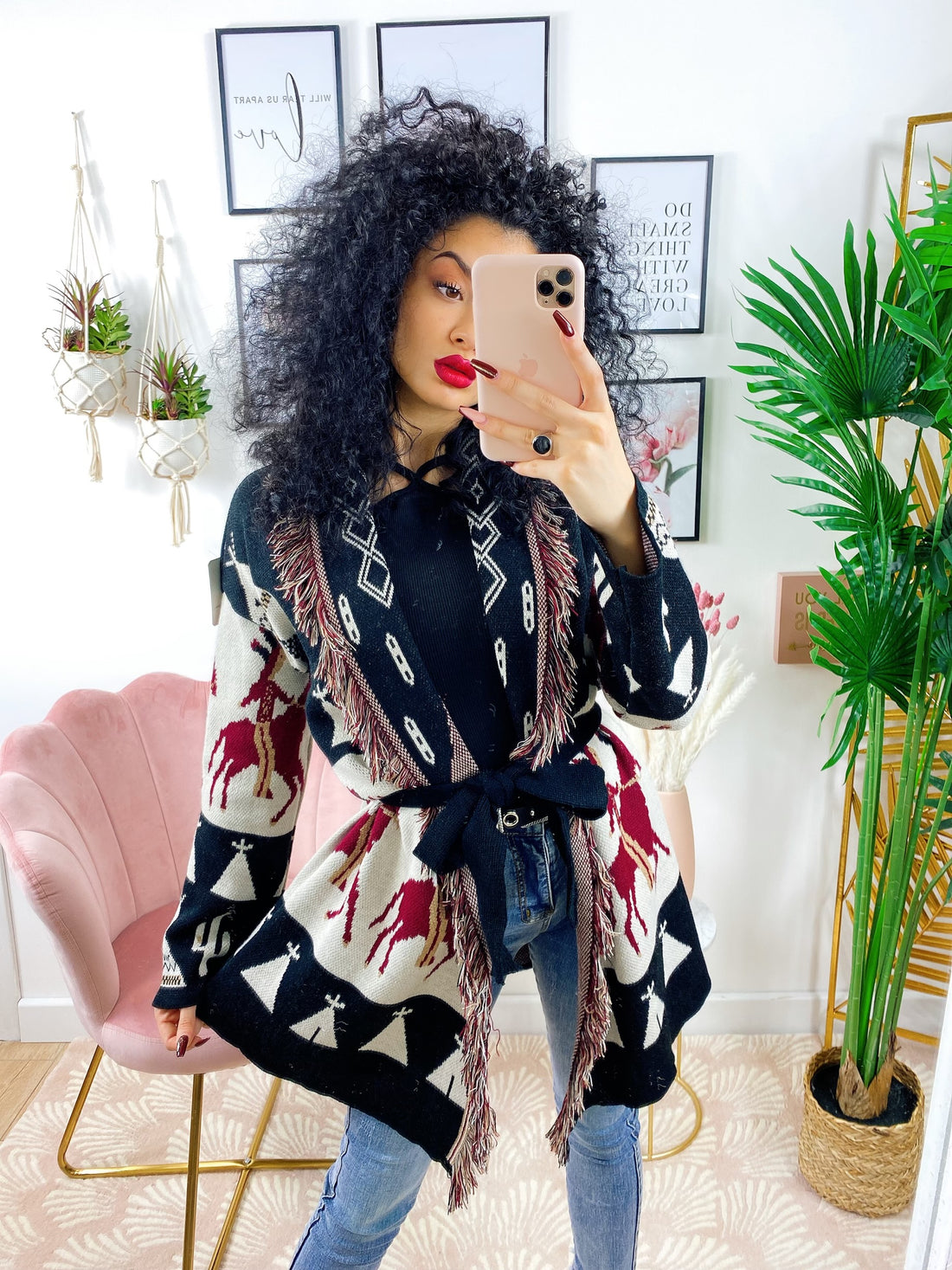 Cardigan frange e cinta cavallo nero e Bordeaux - R.a. Boutique 