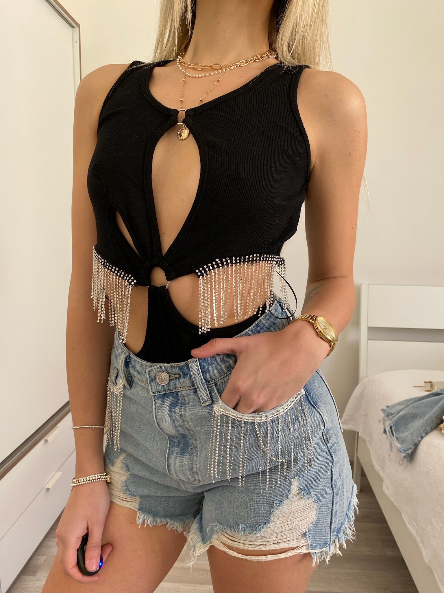 Body con frange e strass nero - R.a. Boutique 