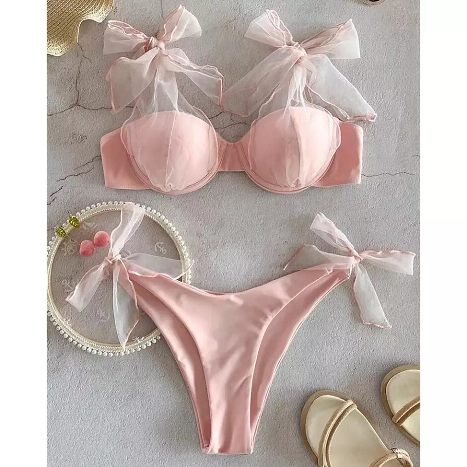 Bikini push up rosa con tulle bianco - R.a. Boutique 