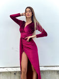 Abito lungo in velluto con maxi spacco Bordeaux - R.a. Boutique 