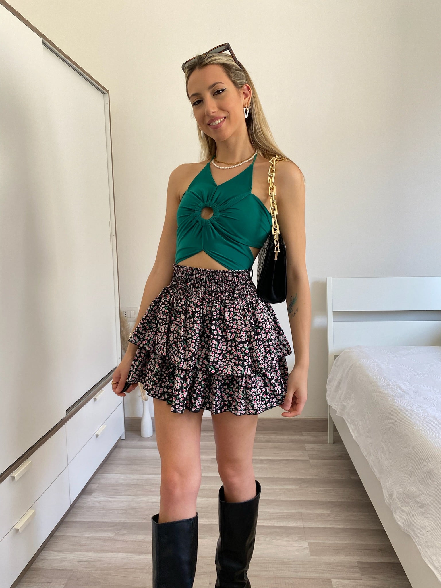 Gonna a balze fiori Fuxia verde - R.a. Boutique 