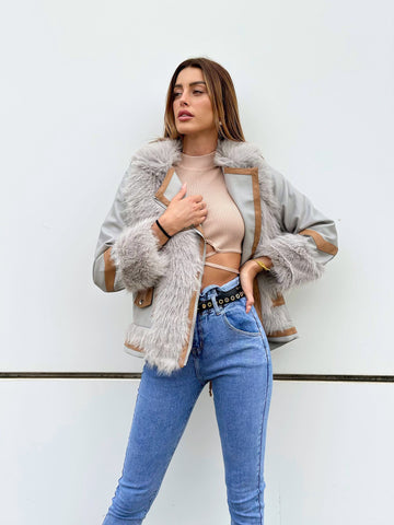 Giaccone grigio polvere dettaglio Camel - R.a. Boutique 