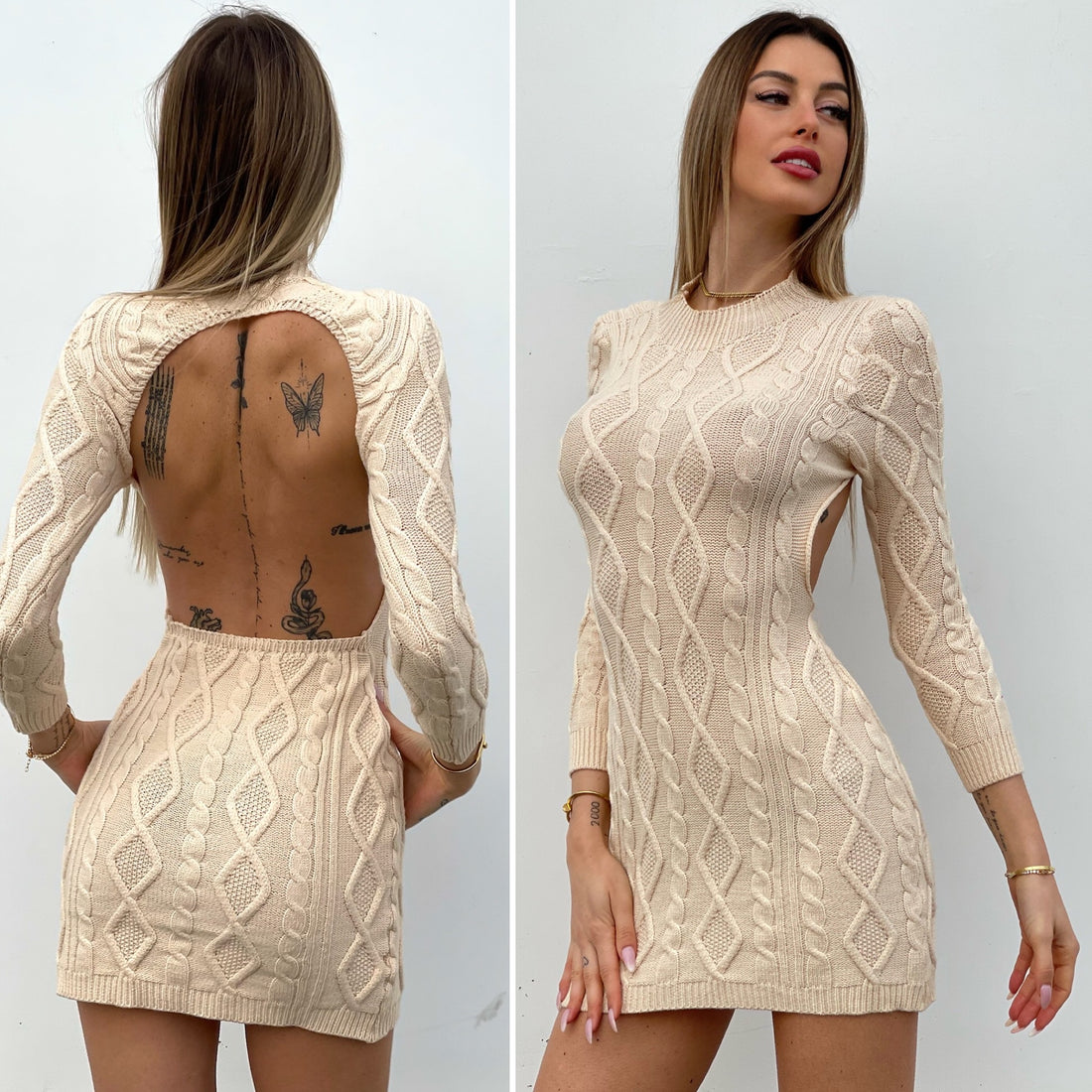 Abito a trecce schiena aperta beige - R.a. Boutique 