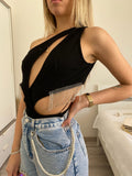 Body con frange e strass monospalla  nero - R.a. Boutique 