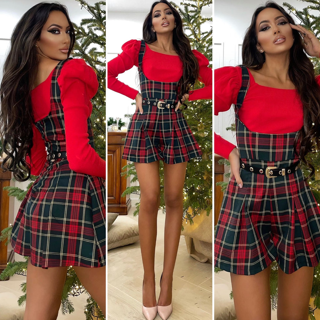 Salopette scozzese rosso nero con Maglioncino - R.a. Boutique 