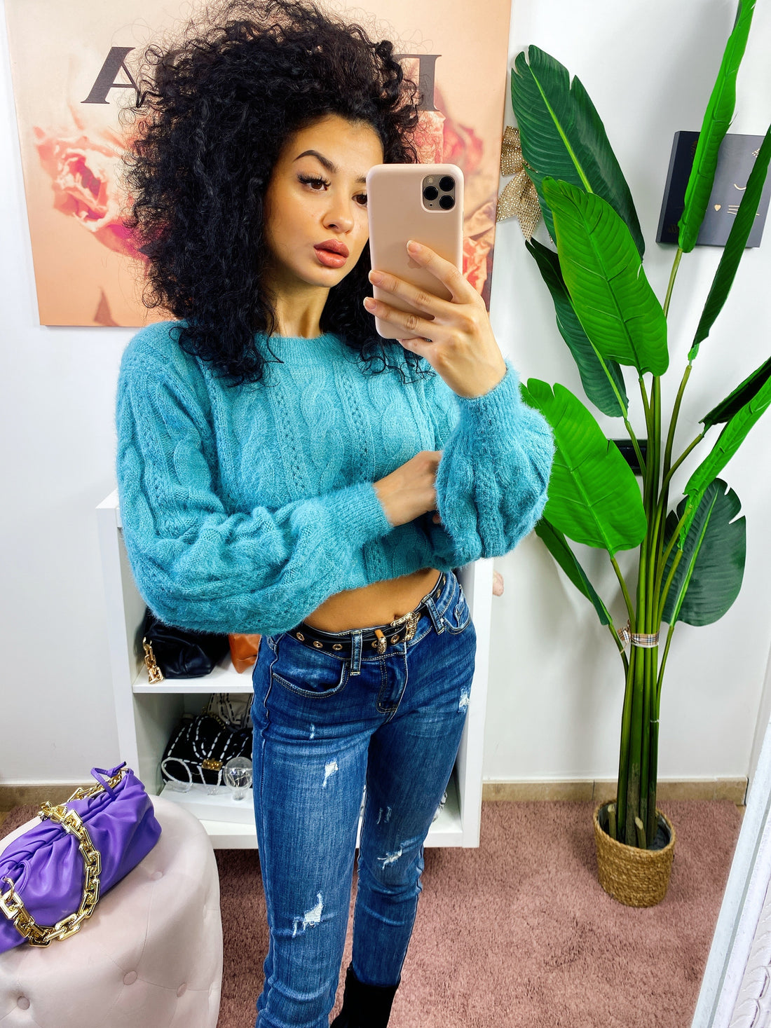 Maglione turchese con trecce - R.a. Boutique 