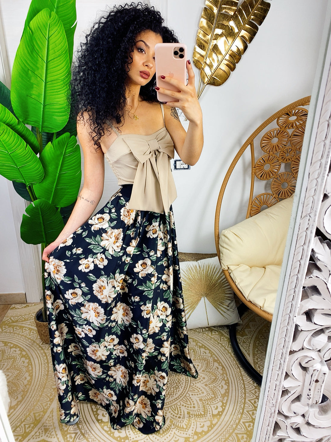 Maxi gonna in raso con fiori beige - R.a. Boutique 