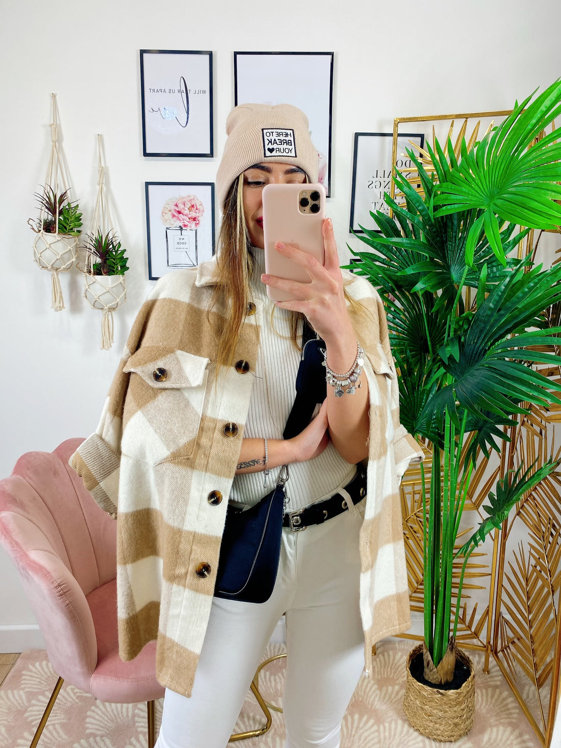 Giacca a quadri Beige con tasche - R.a. Boutique 