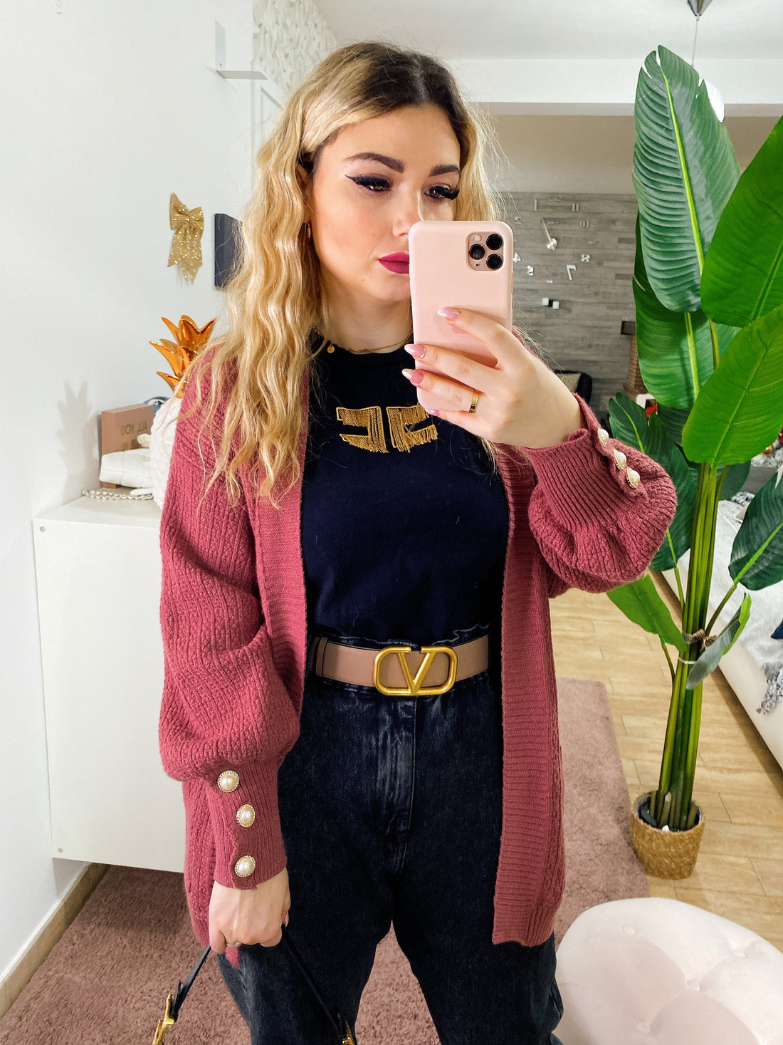 Cardigan manica lunga con perle peonia - R.a. Boutique 