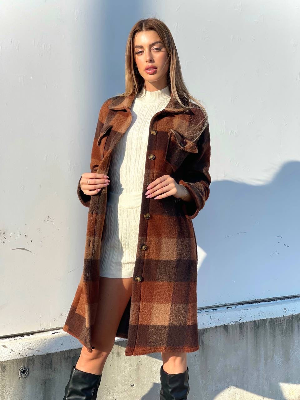 Maxi camicione a quadri Camel - R.a. Boutique 