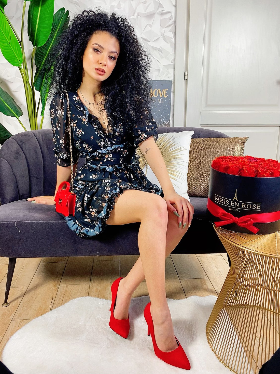 Abito a fiori con balza nero - R.a. Boutique 