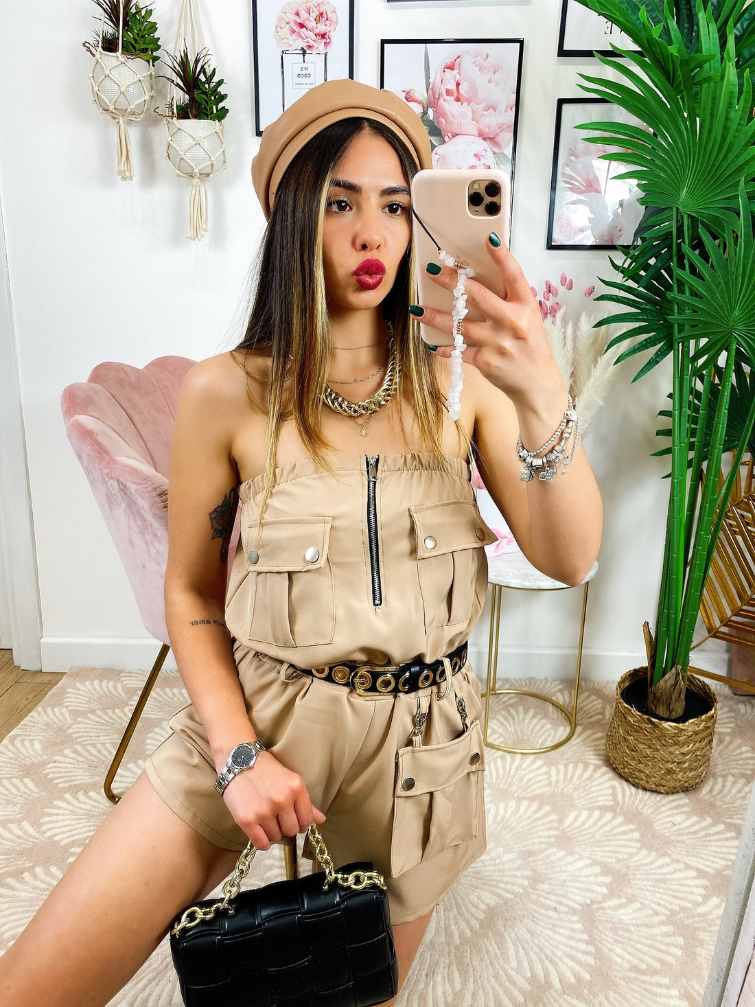 Tutina scollo a barchetta con tasche e borsetta - R.a. Boutique 