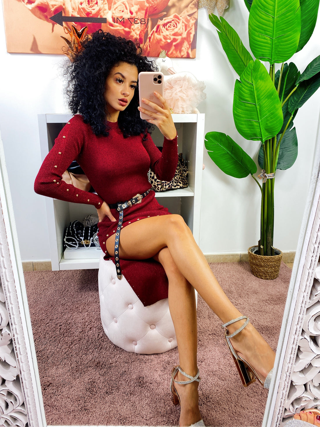 Abito midi Bordeaux con borchie e spacco - R.a. Boutique 