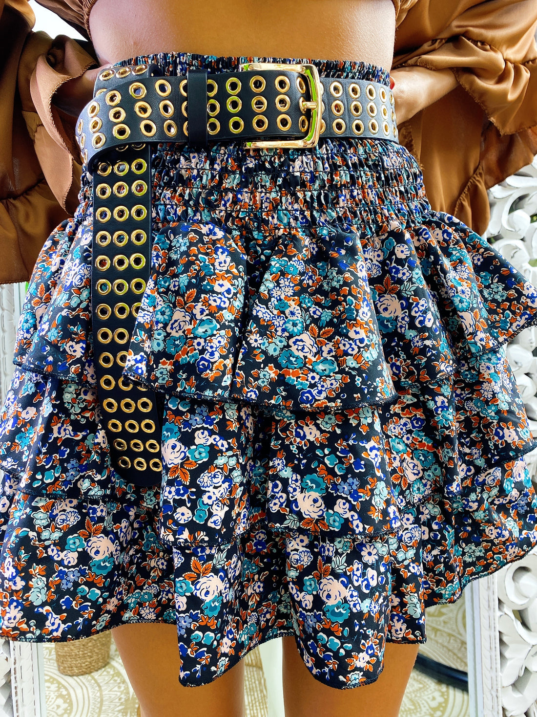 Gonna a fiori celesti e camel - R.a. Boutique 