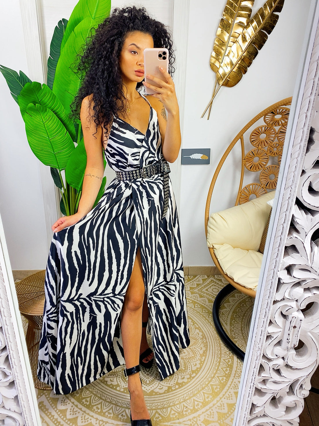 Abito in raso con maxi spacco zebrato - R.a. Boutique 