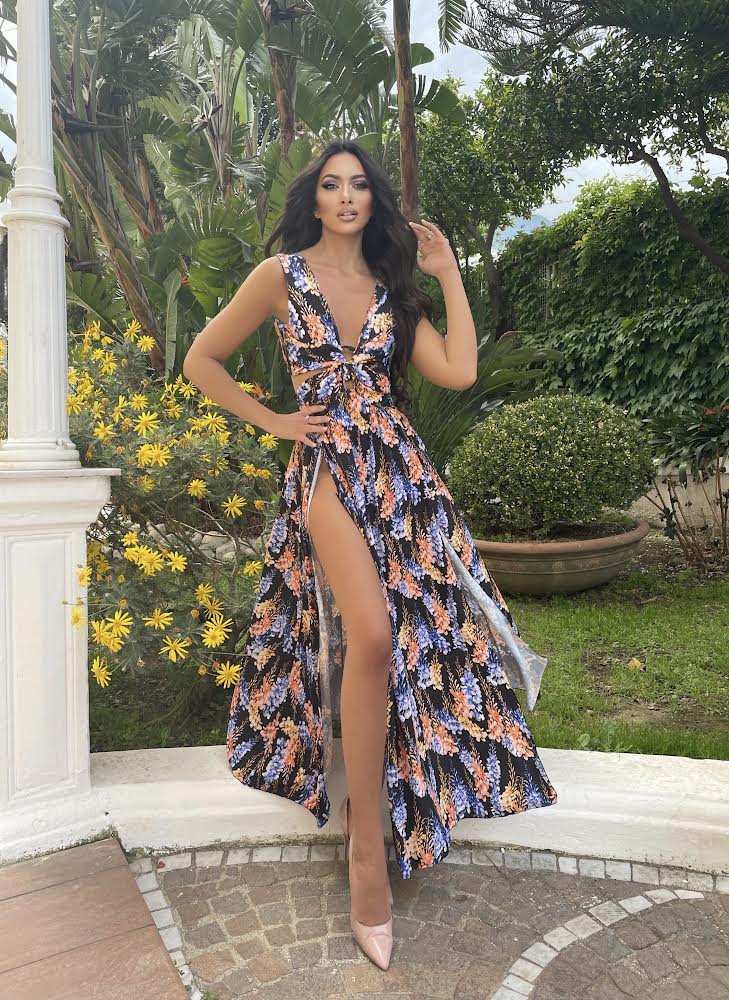 Abito lungo a fiori base nero - R.a. Boutique 