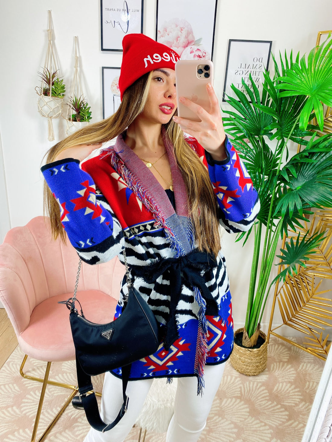 Cardigan con frange e cinta Rosso blu - R.a. Boutique 