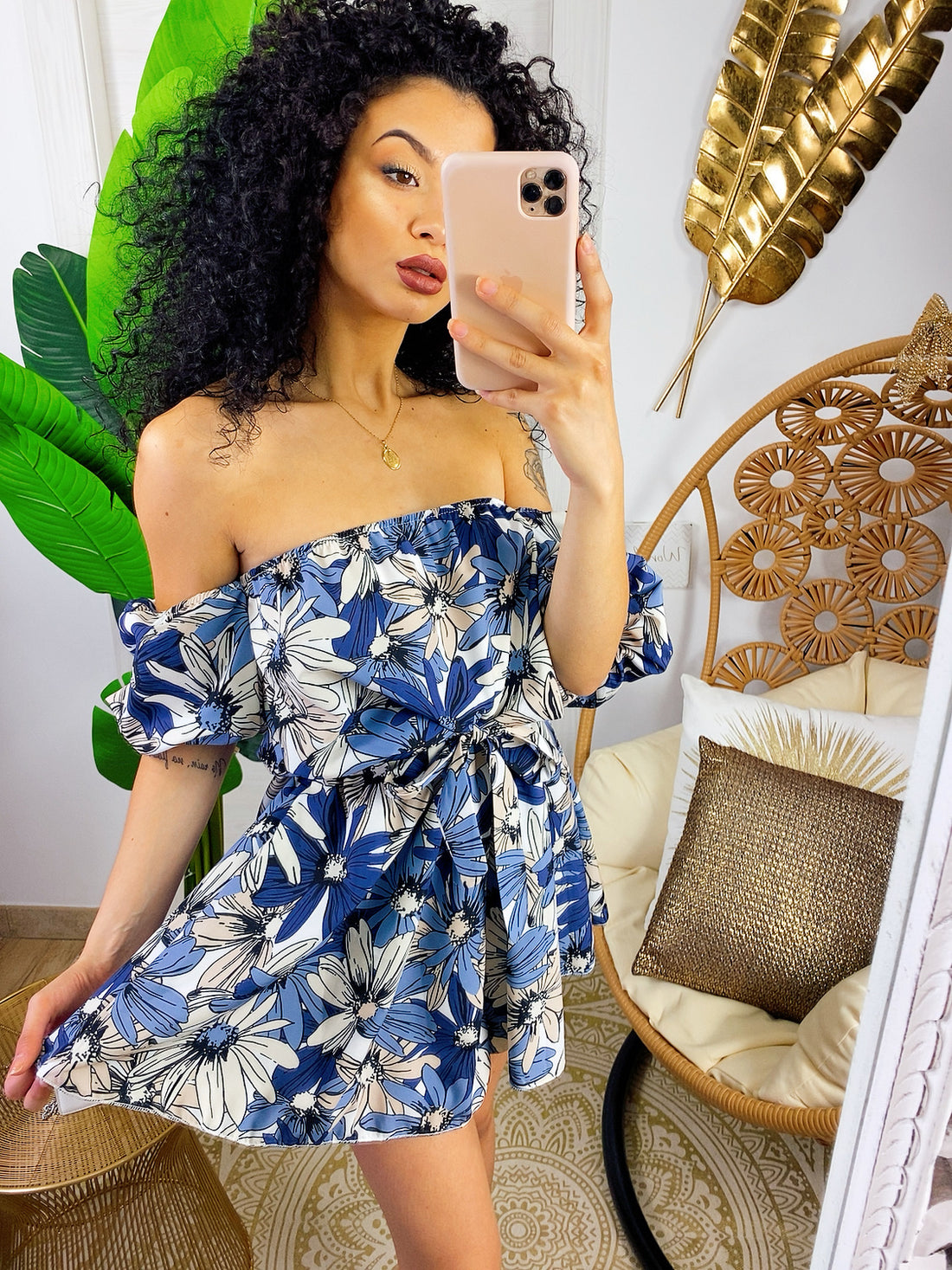 Tutina a fiori blu con scollo a barchetta - R.a. Boutique 