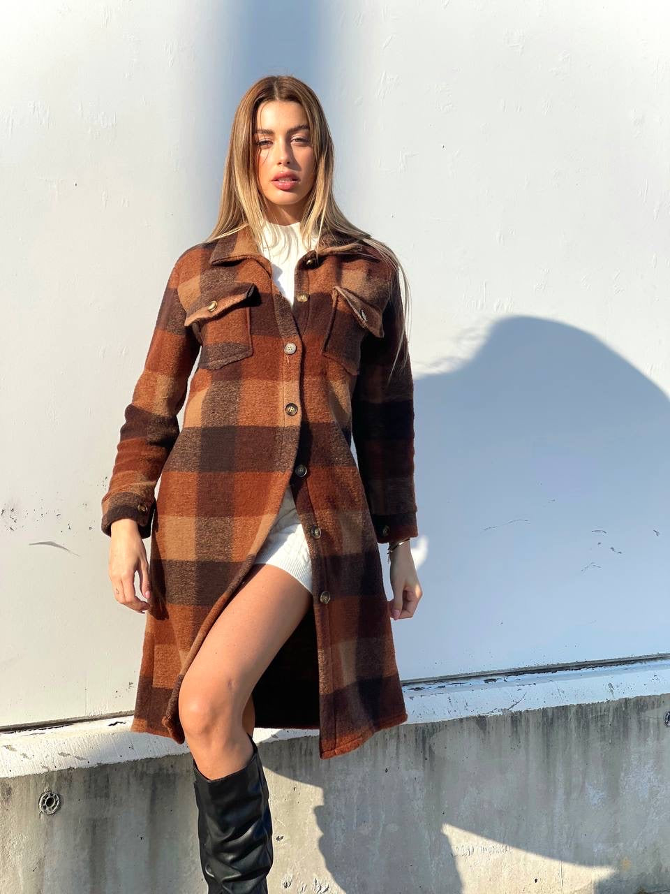 Maxi camicione a quadri Camel - R.a. Boutique 