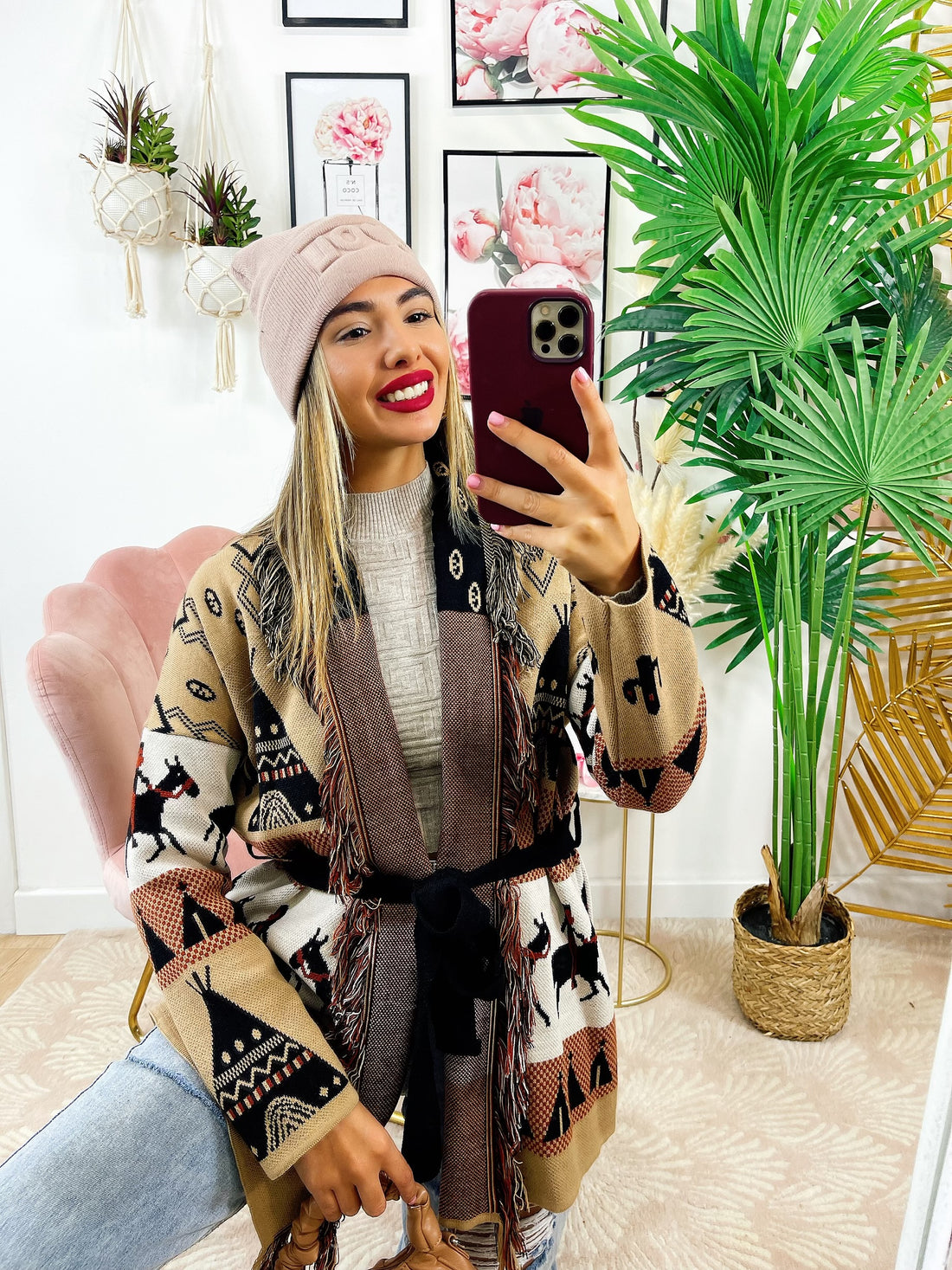 Cardigan frange e cinta dettaglio cavallo beige - R.a. Boutique 