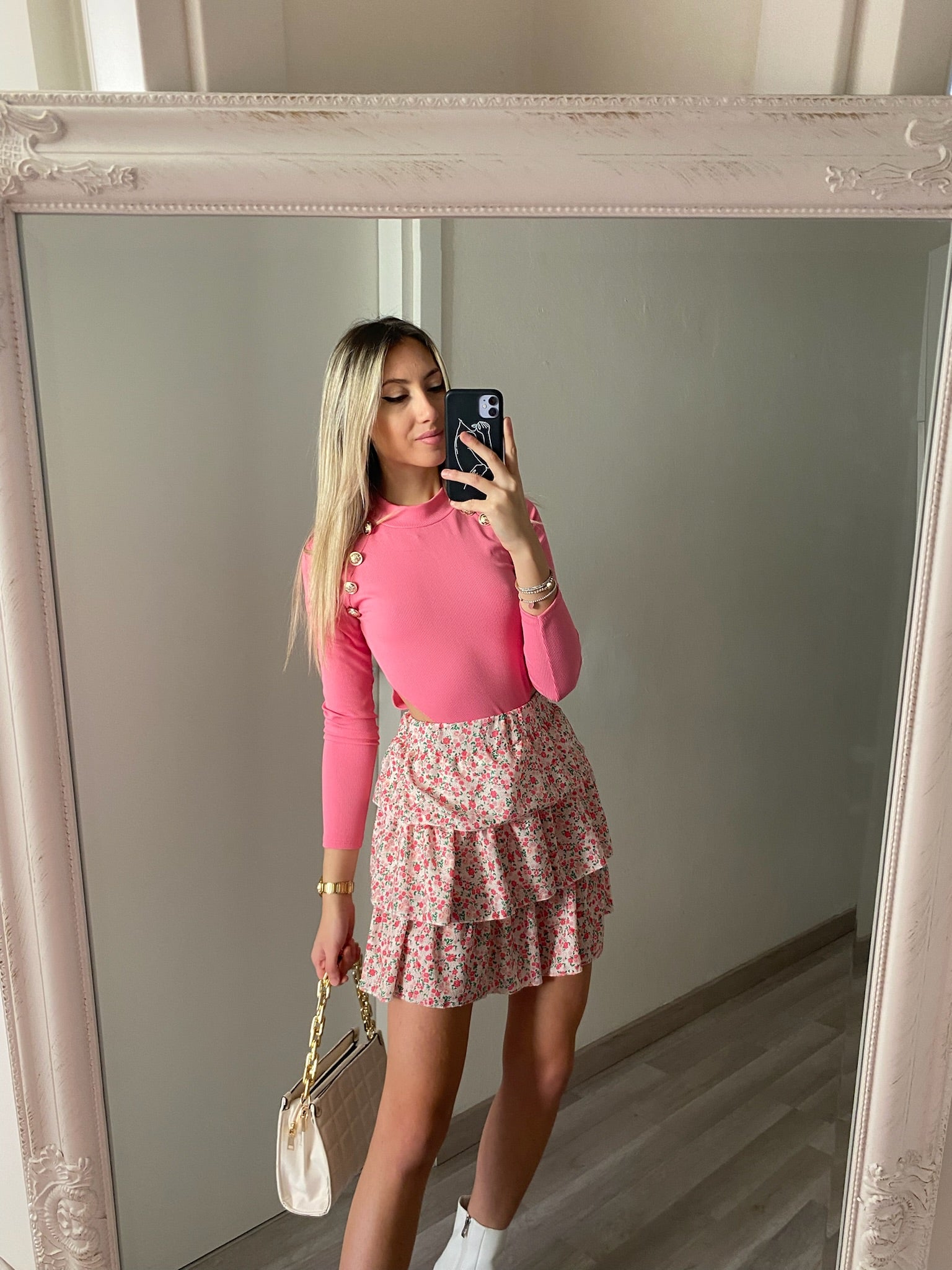 Body a costine rosa barbie con bottoni oro - R.a. Boutique 