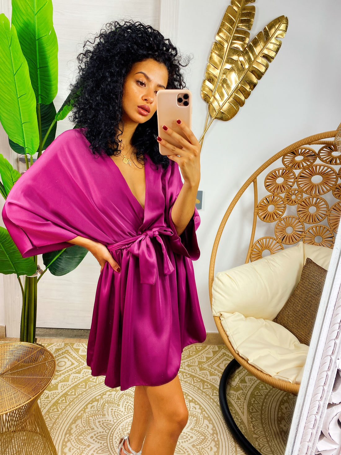 Abito a kimono in raso con cintura peonia - R.a. Boutique 