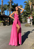 Abito in raso con maxi spacco fuxia - R.a. Boutique 