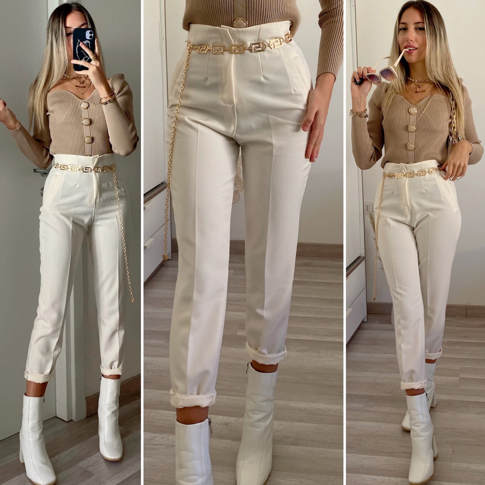 Pantalone vita alta panna - R.a. Boutique 