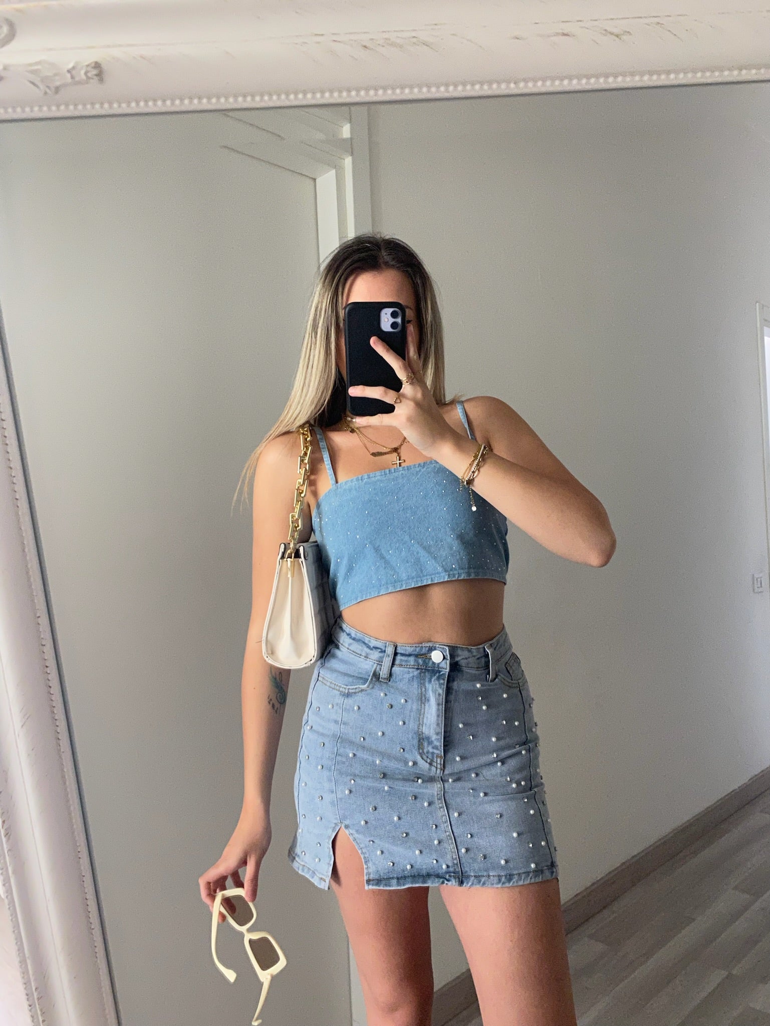 Top in jeans con strass - R.a. Boutique 